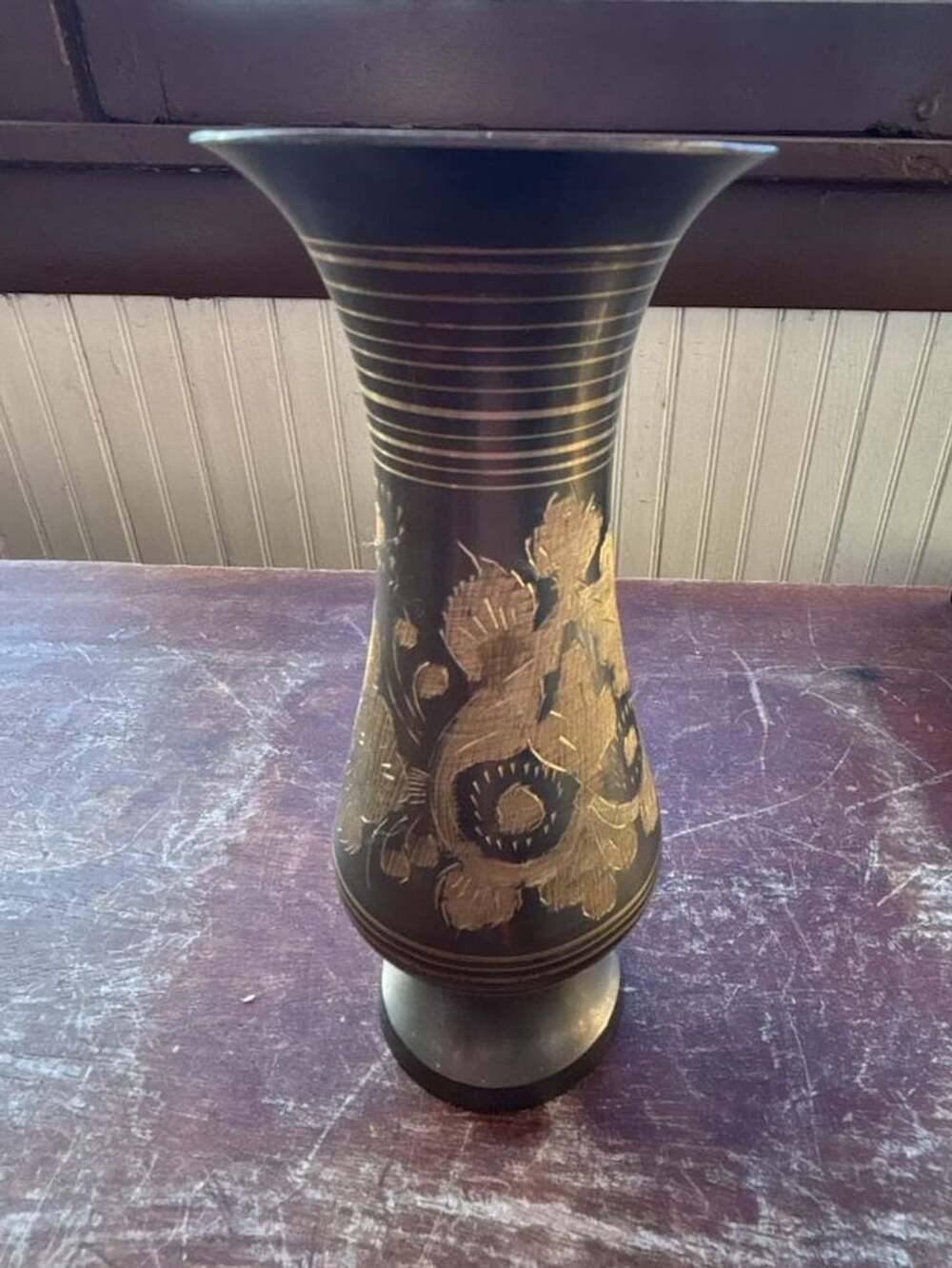 Vintage Brass Etched Floral Vase Black And Gold India